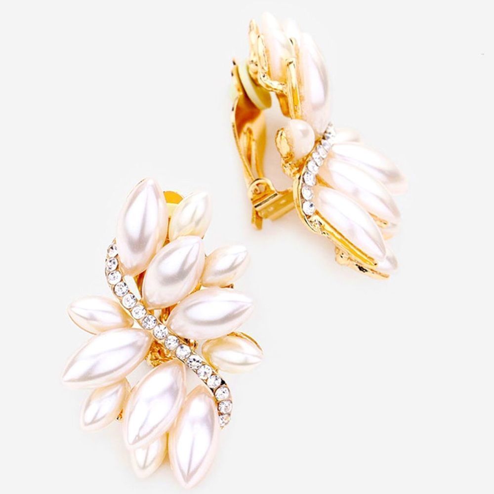 Gold Clip On Swirl Marquise Freshwater Pearl Drop Statement Earrings